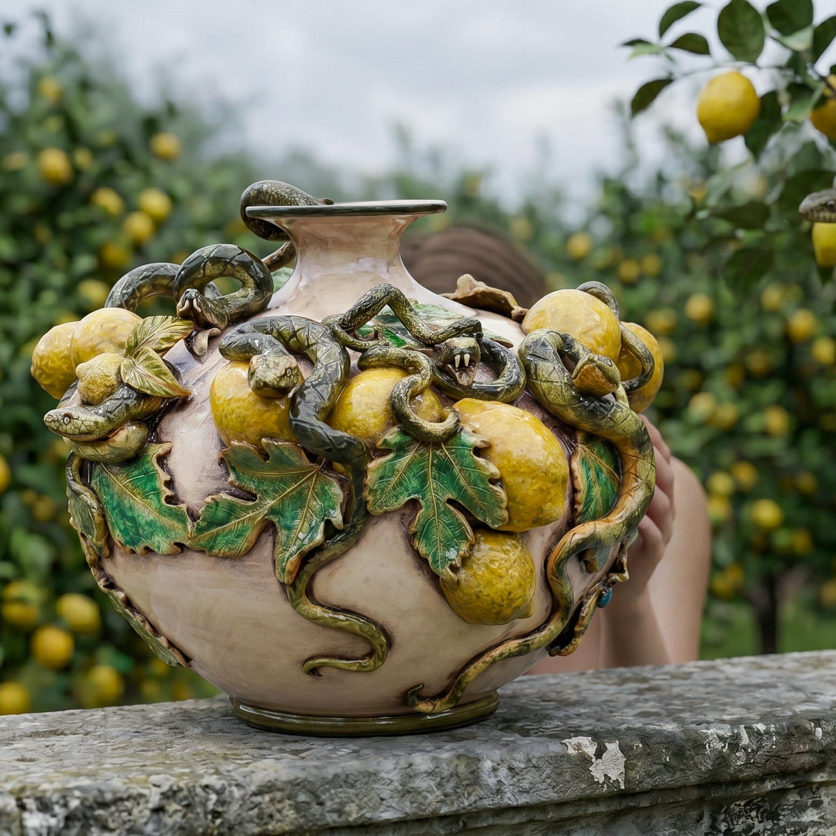 Vaso Boccia Eden con Limoni Applicati, Linea Giardini dell'Eden, Madreperla, foglie. Ceramiche Sofia, Caltagirone