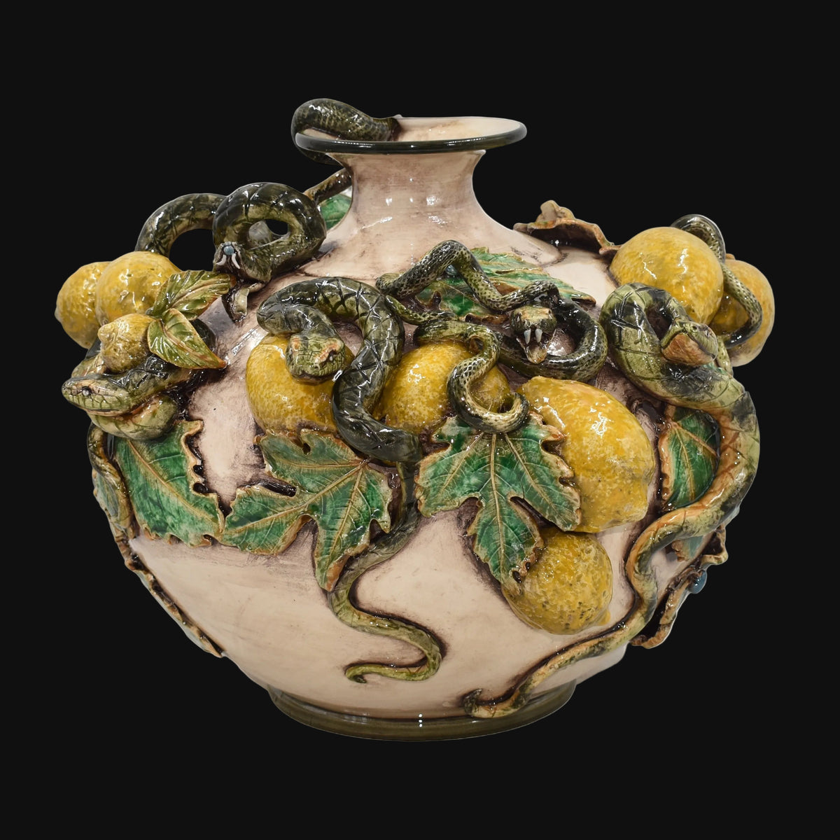 Vaso Boccia Eden con Limoni Applicati, Linea Giardini dell'Eden, Madreperla, foglie. Ceramiche Sofia, Caltagirone