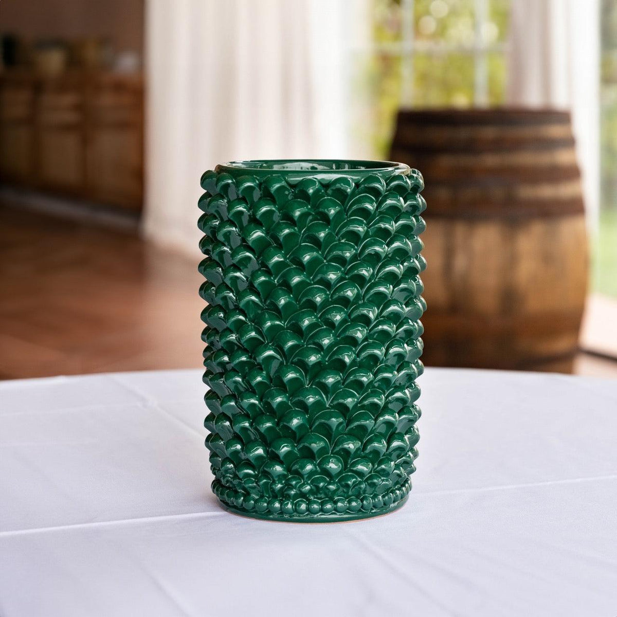 Vaso Cilindro Pigna, Verde Antico. Ceramiche Sofia, Caltagirone