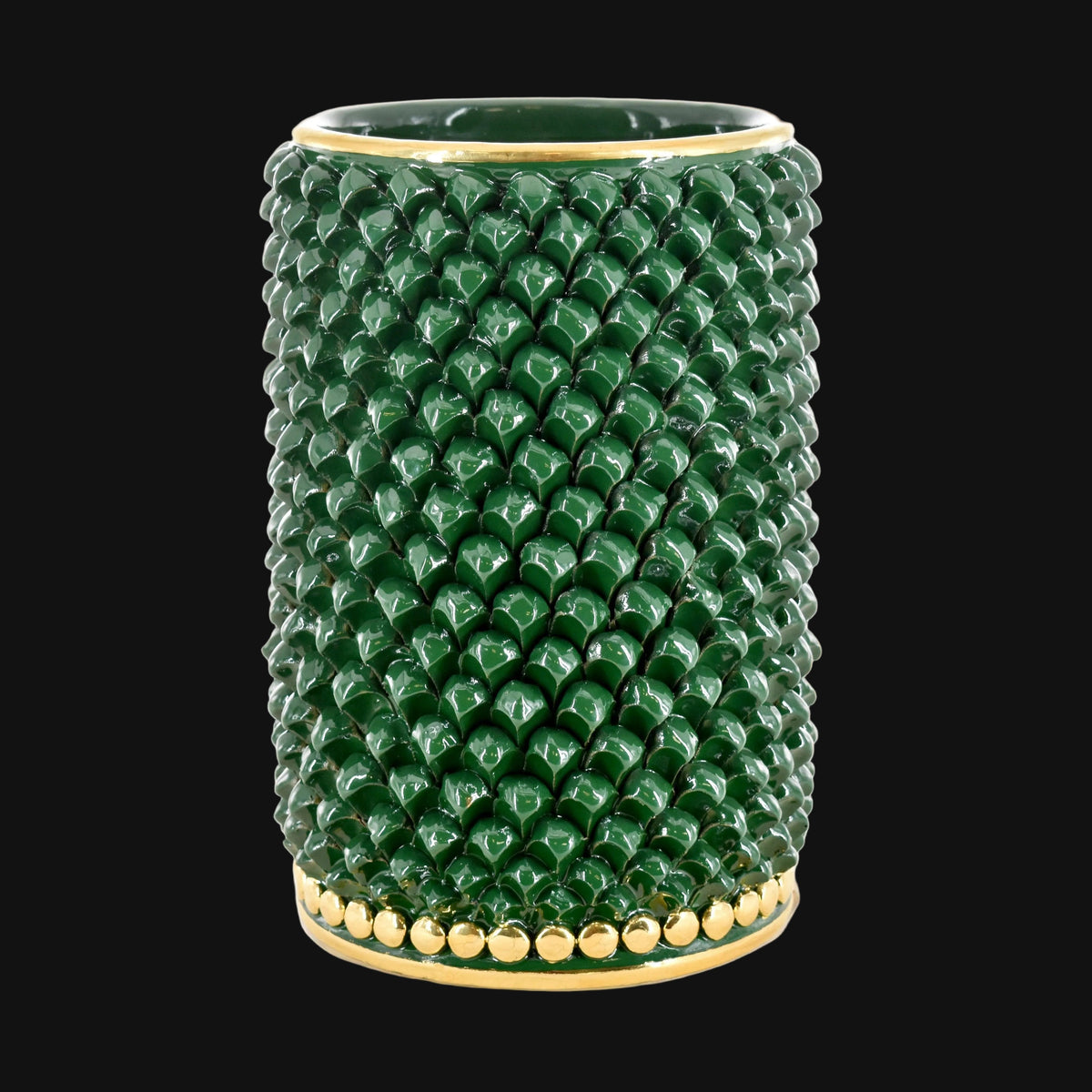 Vaso cilindro pigna modellata a mano in verde e oro - Ceramiche di Caltagirone Sofia