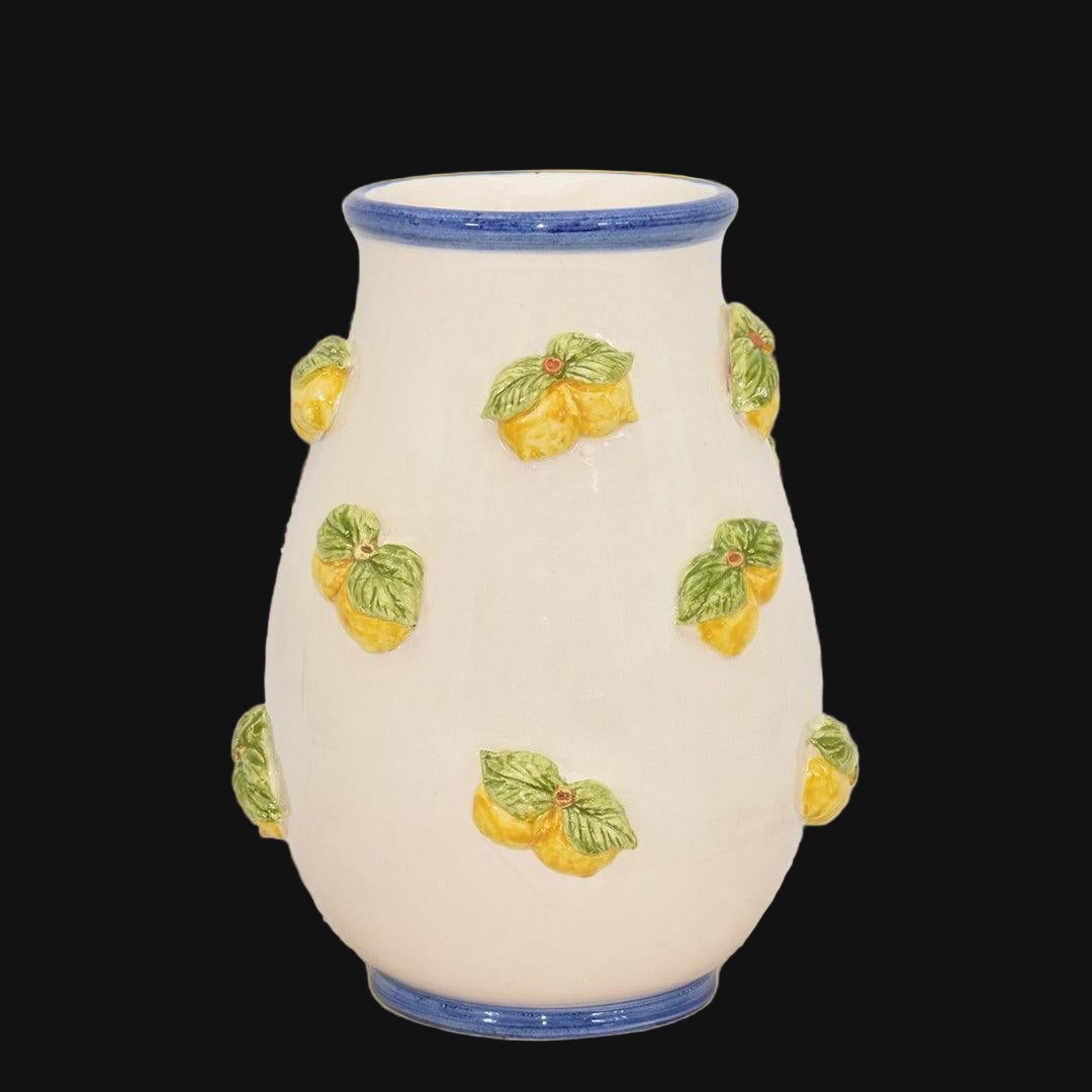 Vaso con limoni white and lemon, limoni tridimensionali e bordo blu. Ceramica siciliana di Caltagirone, Sofia