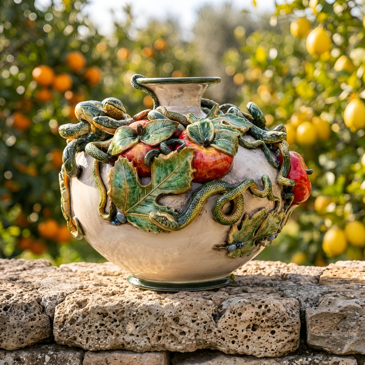 Vaso Eden, Linea Giardini dell'Eden, Madreperla, fiori, foglie. Ceramica siciliana di Caltagirone, Sofia