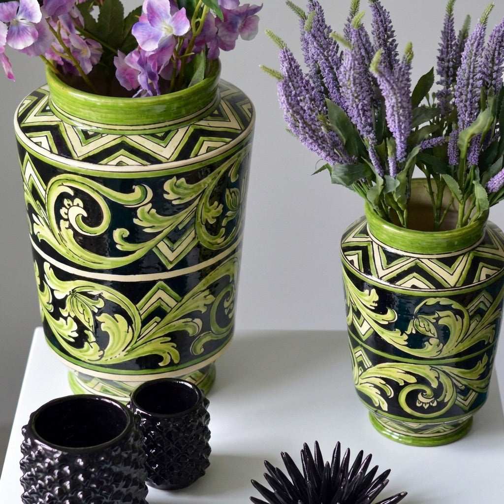 Vaso, Linea Parigi, Nero e Verde, fiori. Ceramiche Sofia, Caltagirone