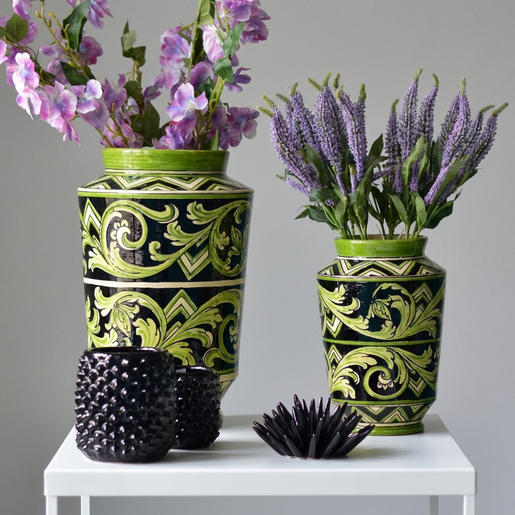 Vaso, Linea Parigi, Nero e Verde, fiori. Ceramiche Sofia, Caltagirone