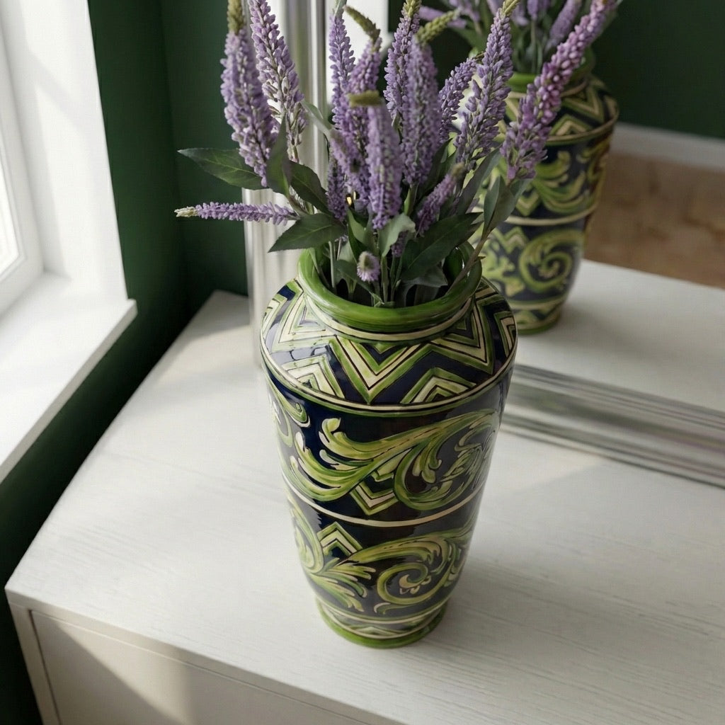 Vaso, Linea Parigi, Nero e Verde, fiori. Ceramiche Sofia, Caltagirone
