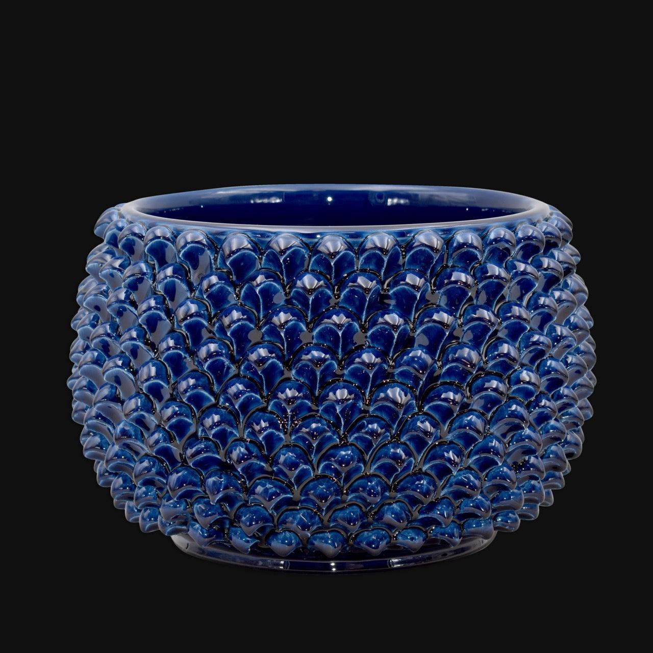 Vaso Mezza Pigna Senza Piede, Blu Intenso, motivo a squame. Ceramica siciliana di Caltagirone, Sofia