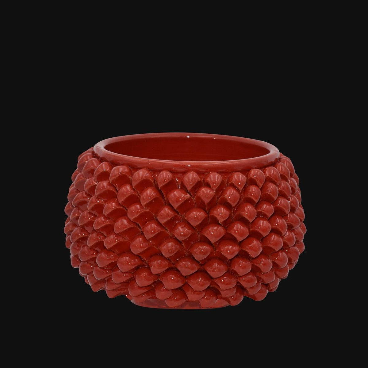 Vaso Mezza Pigna Senza Piede, Rosso Fuoco. Ceramiche Sofia, Caltagirone