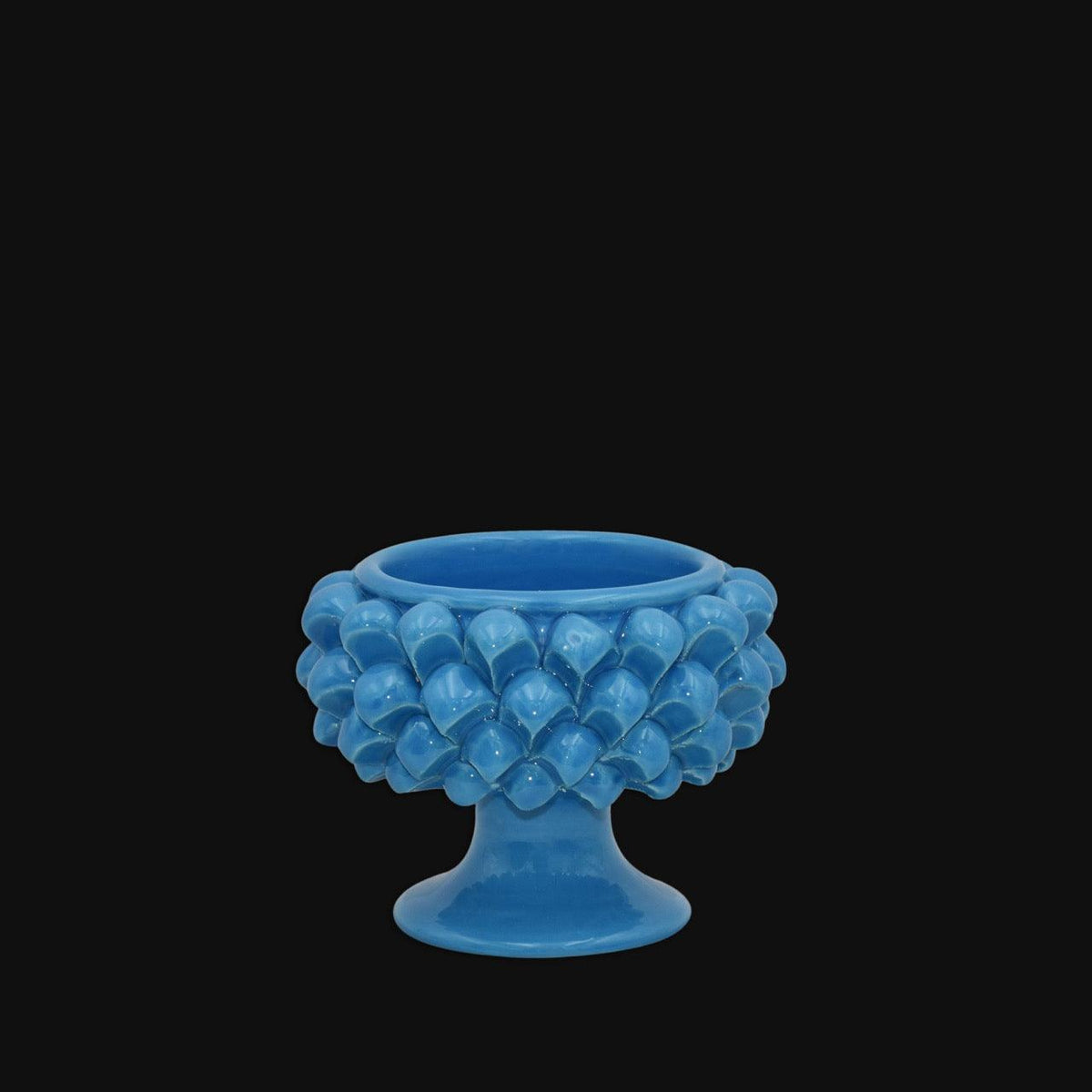 Vaso Mezza Pigna, Turchese, decoro a pigne su piedistallo. Ceramiche Sofia, Caltagirone