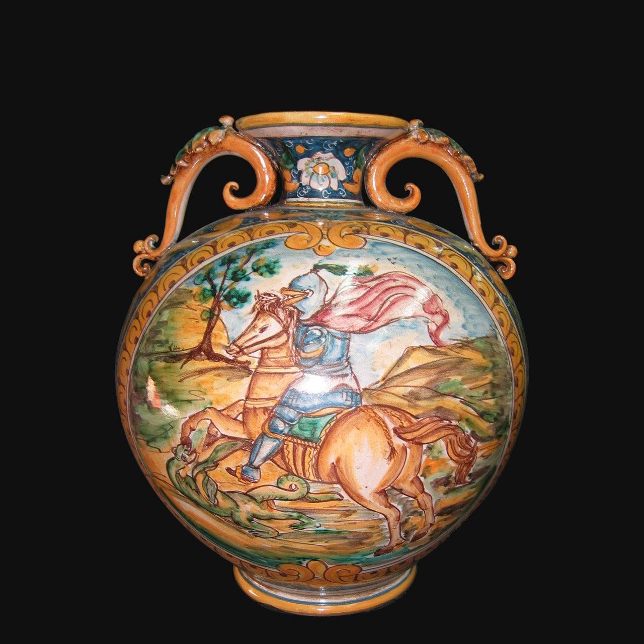 Vaso Palla con Manici, Ornato Calatino con Cavaliere. Ceramica siciliana di Caltagirone, Sofia