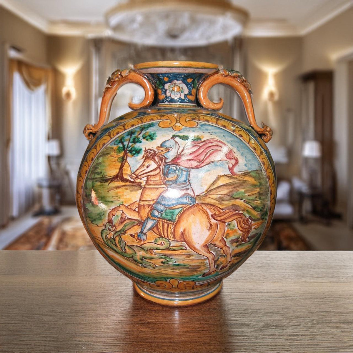 Vaso Palla con Manici, Ornato Calatino con Cavaliere. Ceramica siciliana di Caltagirone, Sofia