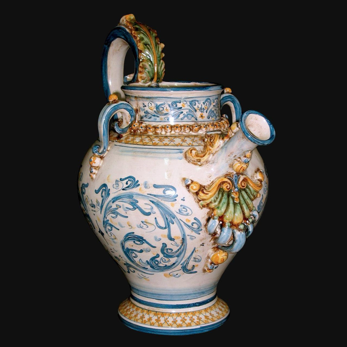 Versatoio a Palla, Blu e Arancio, Serie d'Arte, motivi e dorati, manico e beccuccio. Ceramica siciliana di Caltagirone, Sofia