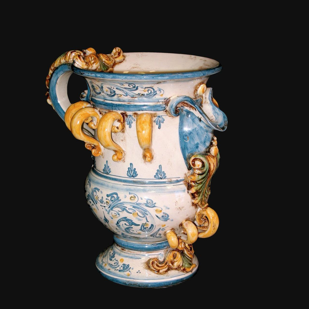 Versatoio Classico, Blu e Arancio, manico e motivi barocchi e gialli. Ceramiche Sofia, Caltagirone