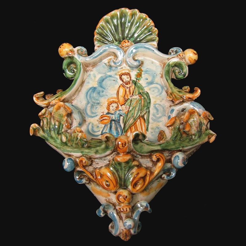 Acquasantiera Piccola in Ceramica di Caltagirone 15x25 cm - San Giuseppe con Gesù, Tricolore