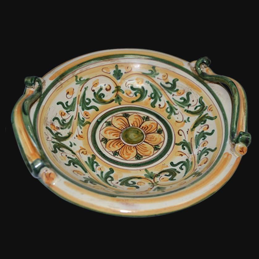 Ceramiche di Caltagirone fatti a mano con decori floreali verdi e gialli, piatto ovale con manici