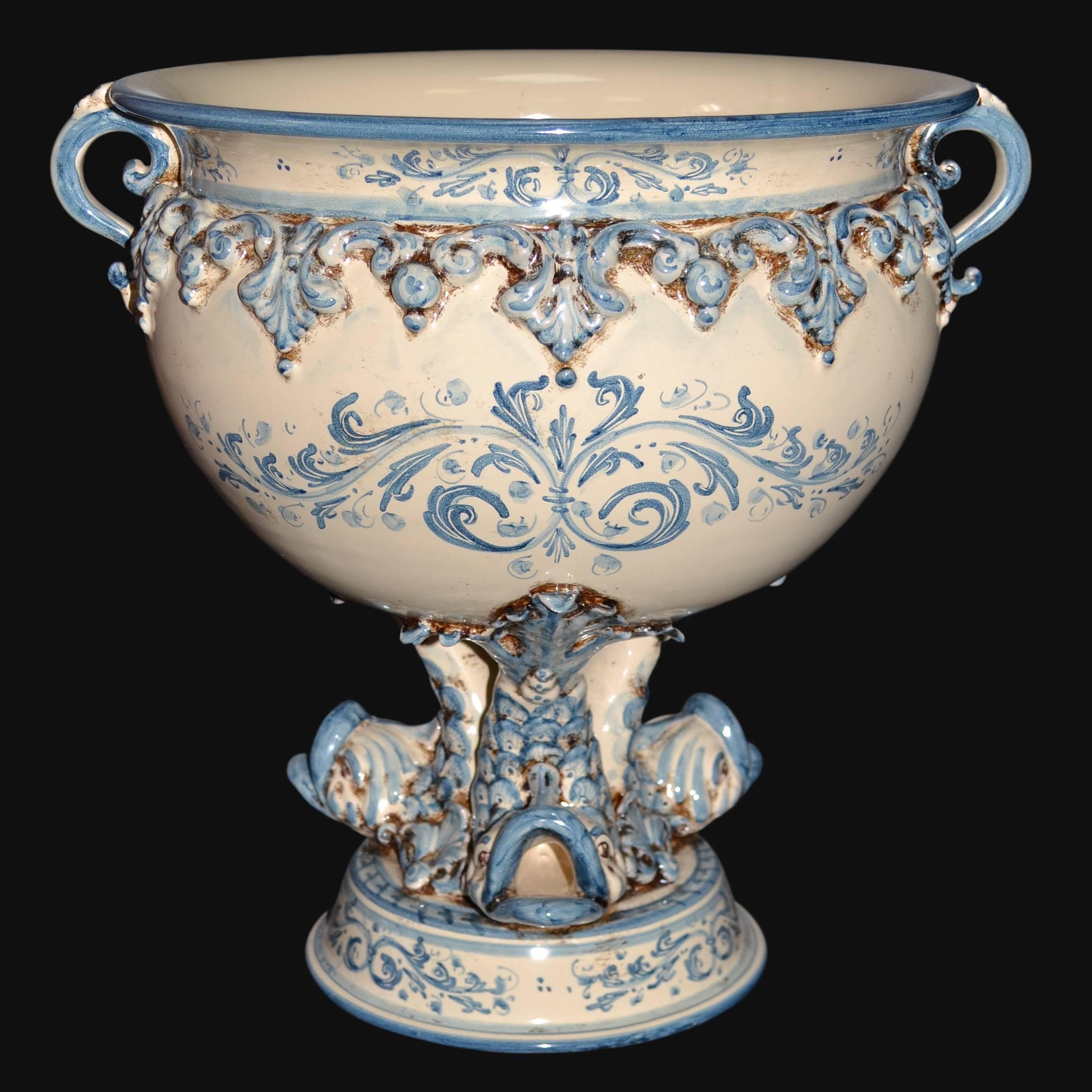 Ceramiche di Caltagirone fatti a mano, vaso decorato blu e bianco con manici e base scolpita