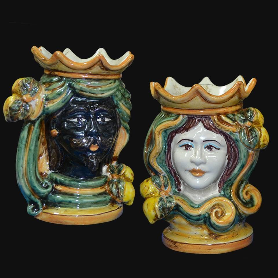 Testa di Moro, Maschio Moro, Verde e Arancio, corone e fiori. Ceramiche Sofia, Caltagirone