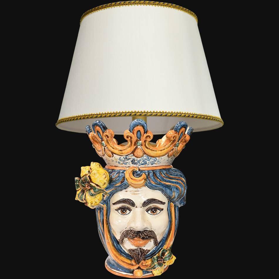 Lume a Testa con Limoni, Maschio Bianco, Blu e Arancio, corona colorata. Ceramiche Sofia, Caltagirone