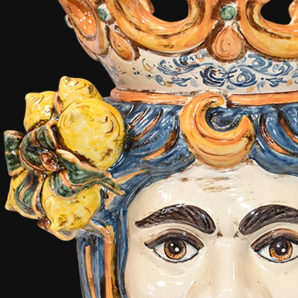Lume a Testa con Limoni, Maschio Bianco, Blu e Arancio. Ceramiche Sofia, Caltagirone