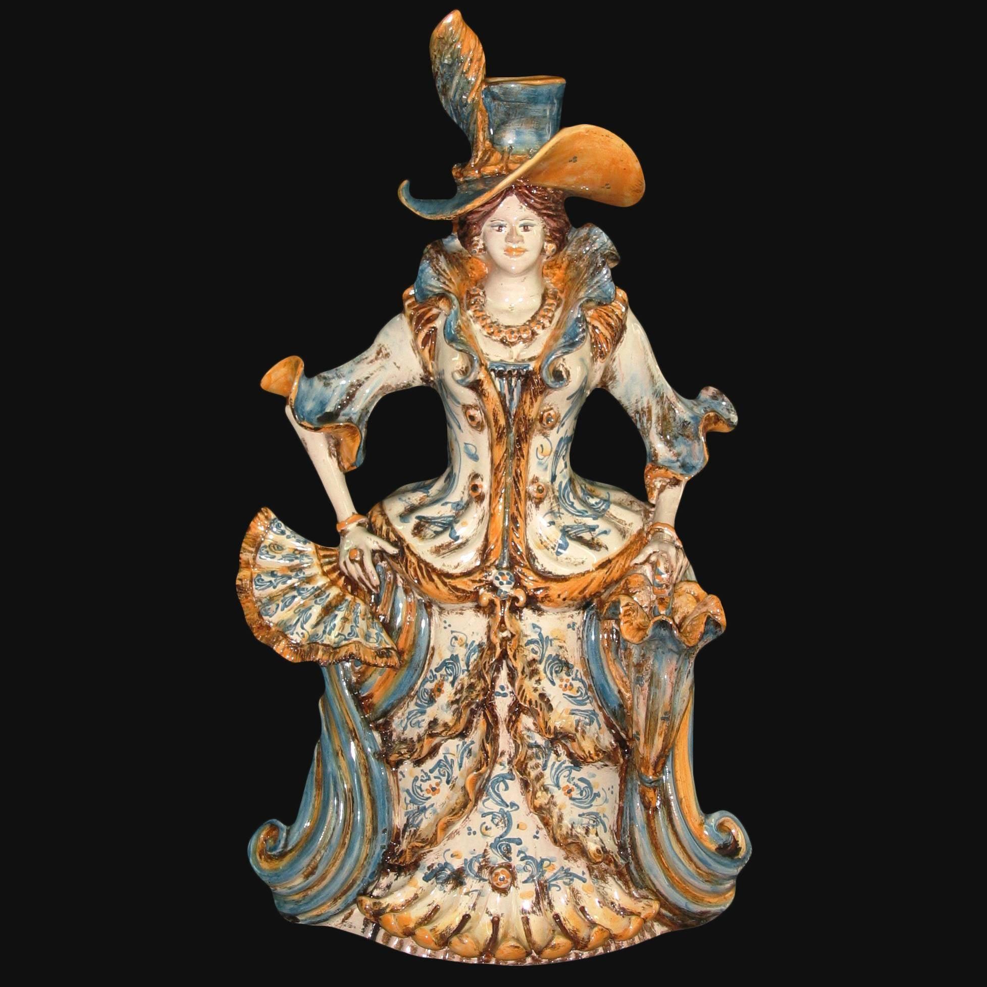 Ceramica di Caltagirone fatta a mano, statua donna in abito barocco con cappello colorato