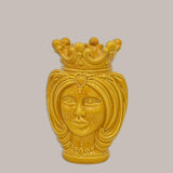 Ceramica di Caltagirone fatta a mano, vaso a forma di testa regale con corona, colore giallo