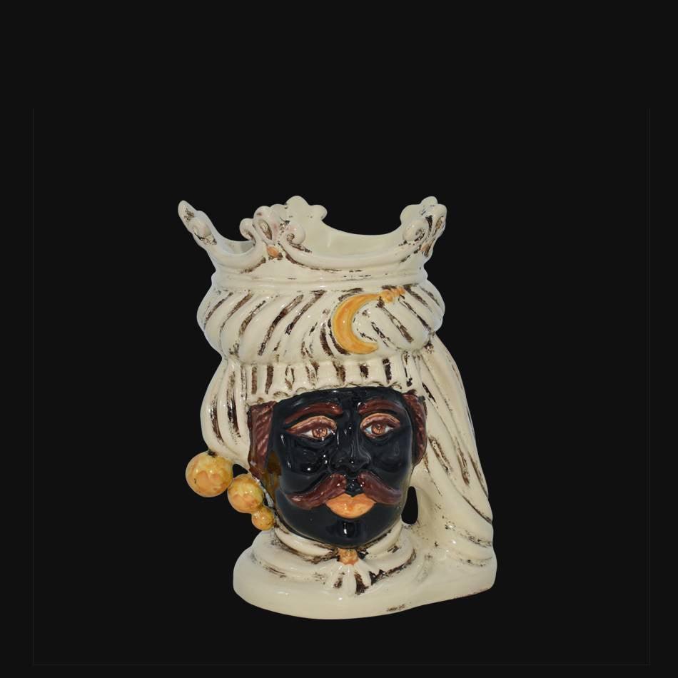 Testa di Moro con Perline, Maschio Moro, Avorio, turbante e luna. Ceramica siciliana di Caltagirone, Sofia