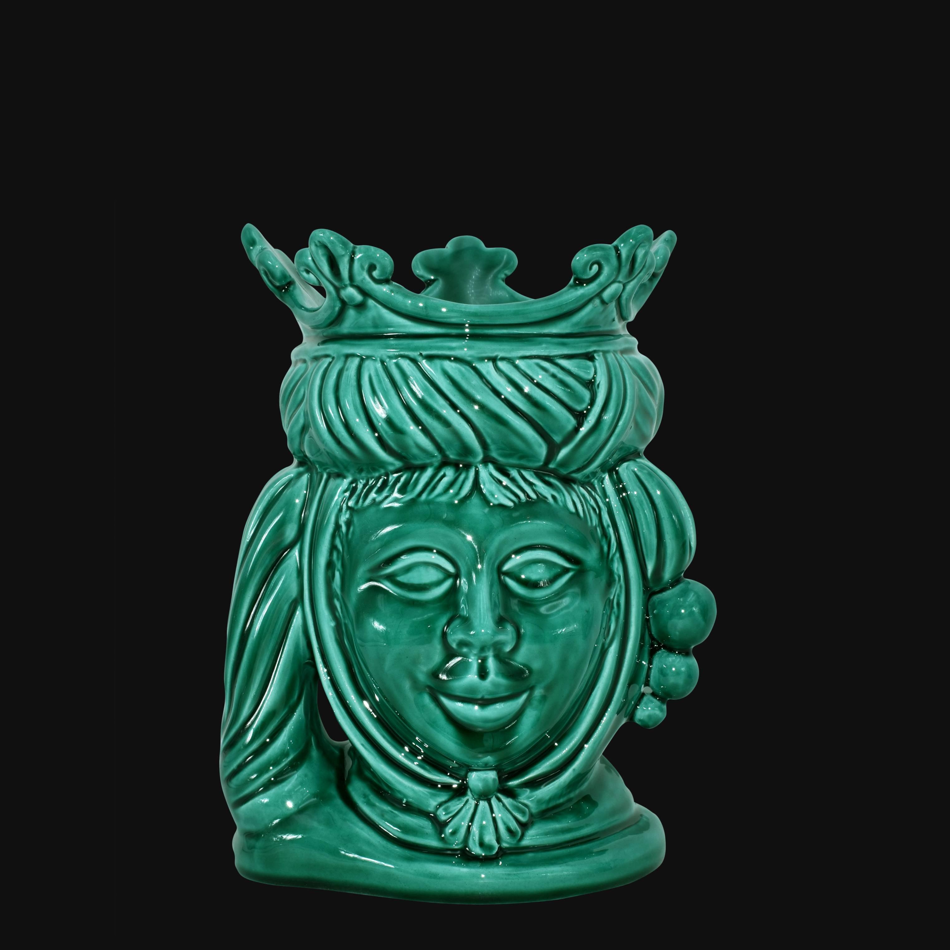 Testa di Moro, Donna, Verde Smeraldo, corona e dettagli scolpiti. Ceramica siciliana di Caltagirone, Sofia