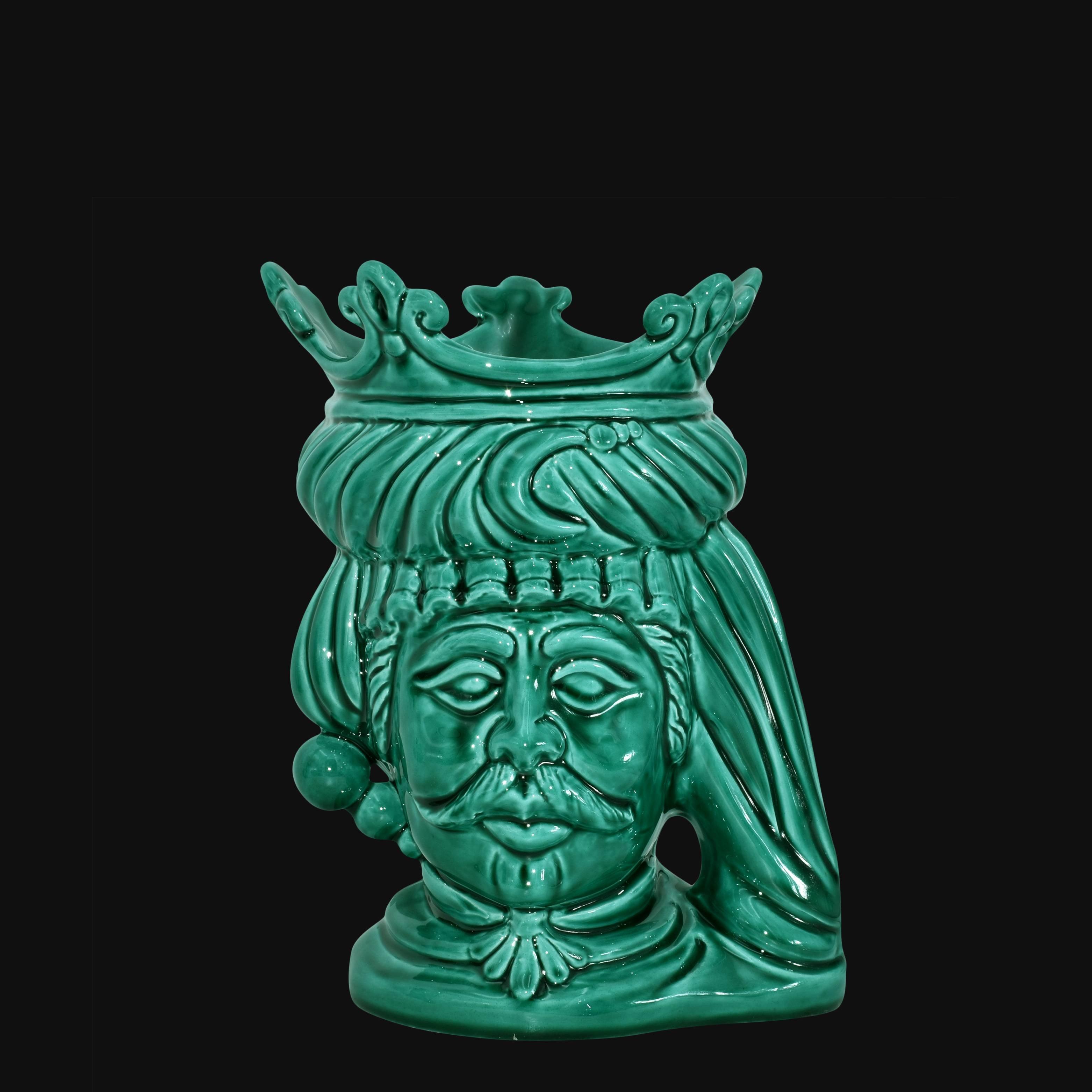 Testa di Moro, Maschio, Verde Smeraldo, corona e dettagli scolpiti. Ceramiche Sofia, Caltagirone