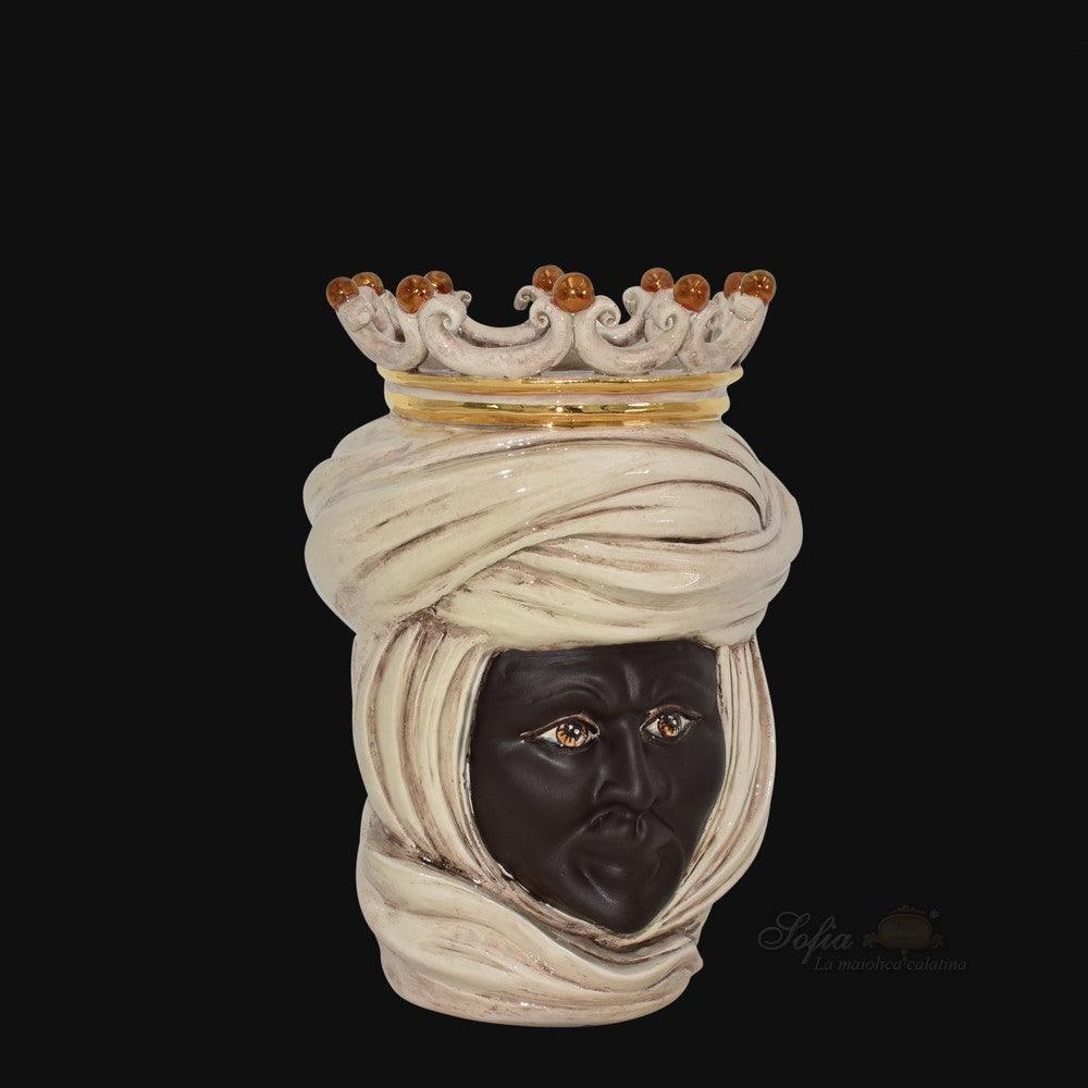 Testa Tuareg, Maschio, Madreperla Antichizzato Oro e Lustri, turbante e corona. Ceramiche Sofia, Caltagirone