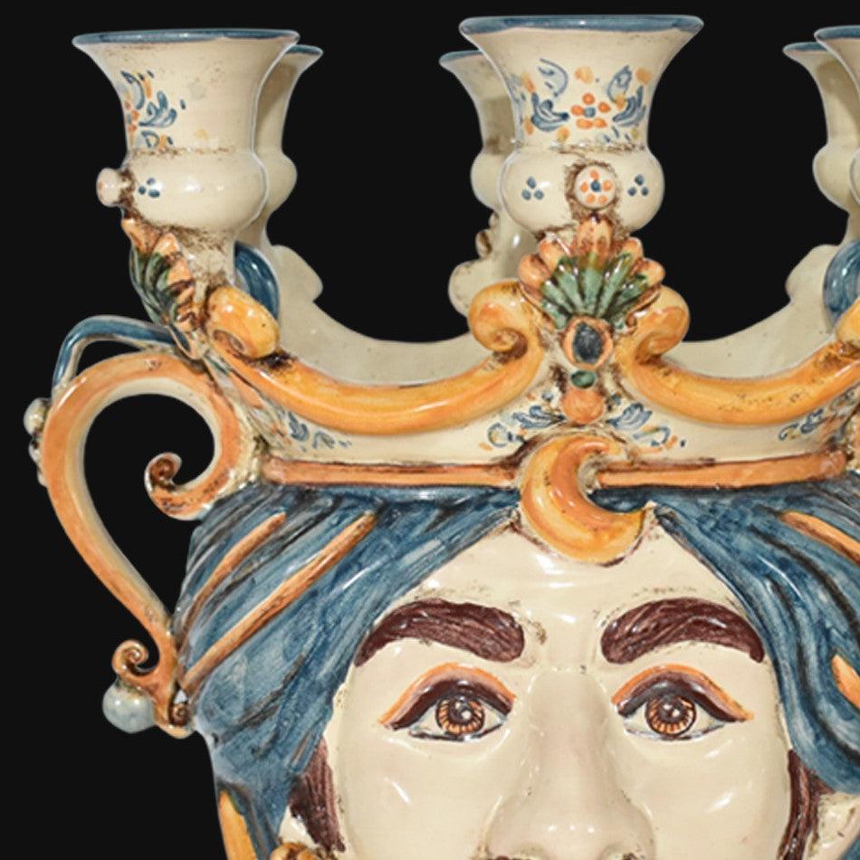 Testa di Moro a Candeliere, Maschio Bianco, Blu e Arancio. Ceramiche Sofia, Caltagirone