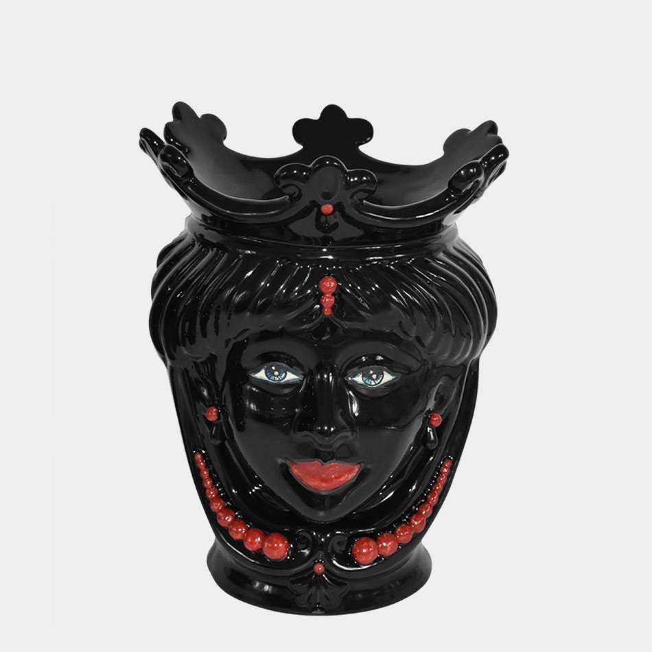 Testa di moro nera con corona e perle rosse, ceramica di Caltagirone fatta a mano