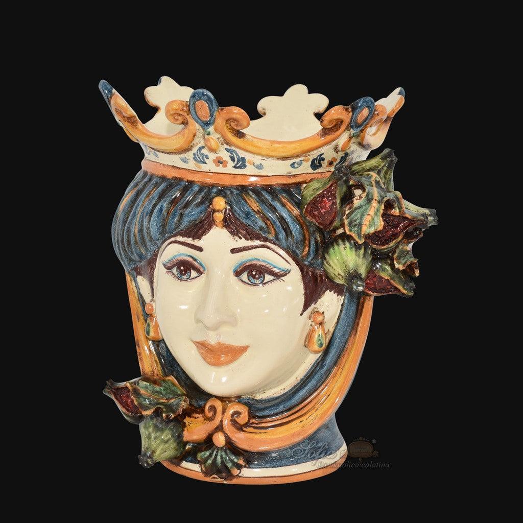 Testa di Moro con Fichi, Donna, Blu e Arancio, corona e dettagli colorati. Ceramiche Sofia, Caltagirone