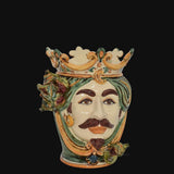 Testa di Moro con Fichi, Maschio Bianco, Verde e Arancio, corona e decori colorati. Ceramica siciliana di Caltagirone, Sofia