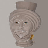Testa di Moro con Perline, Maschio, Tortora Opaco, turbante e orecchino dorato. Ceramica siciliana di Caltagirone, Sofia