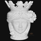 Ceramiche di Caltagirone fatti a mano, testa femminile con corona e fiori, design artigianale unico