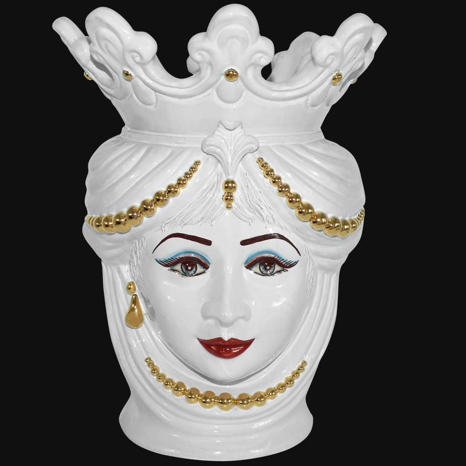 Testa di moro bianca con corona e dettagli dorati, ceramica di Caltagirone fatta a mano