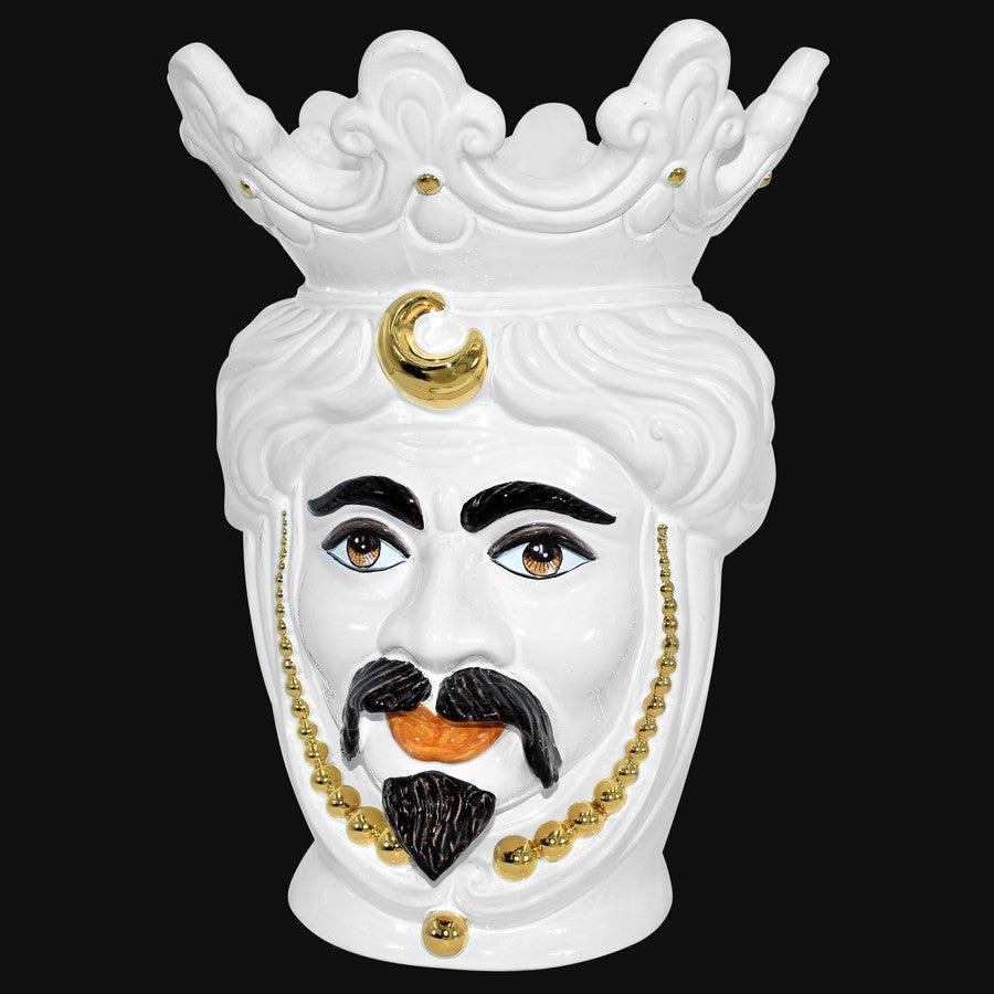 Testa di Moro con Perline, Maschio Bianco, White and Gold, corona e dettagli dorati. Ceramiche Sofia, Caltagirone