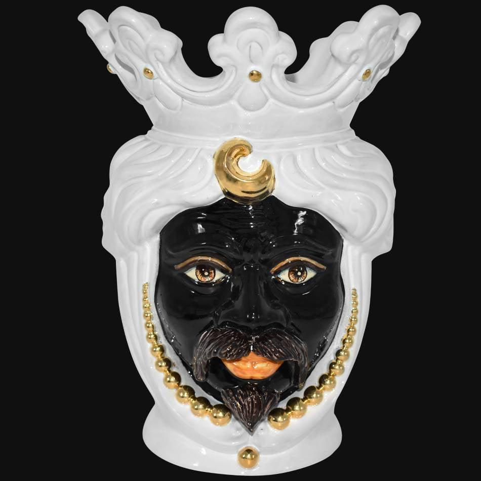 Testa di Moro con Perline, Maschio Moro, White and Gold, corona bianca e dettagli. Ceramica siciliana di Caltagirone, Sofia