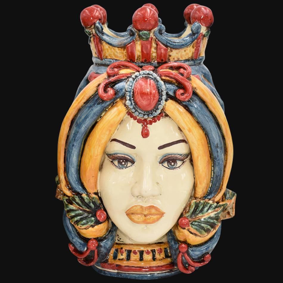 Testa di Moro con Turbante, Donna, Blu e Arancio, corona e decori colorati. Ceramica siciliana di Caltagirone, Sofia