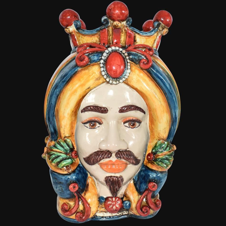 Testa di Moro con Turbante, Maschio Bianco, Blu e Arancio, corona e dettagli. Ceramica siciliana di Caltagirone, Sofia