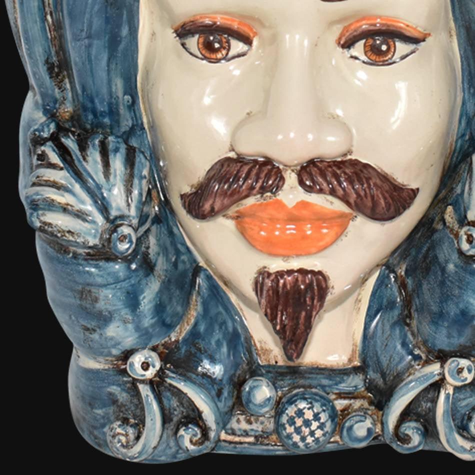 Testa di Moro con Turbante, Maschio Bianco, Mono Blu, dettagli e occhi marroni. Ceramica siciliana di Caltagirone, Sofia