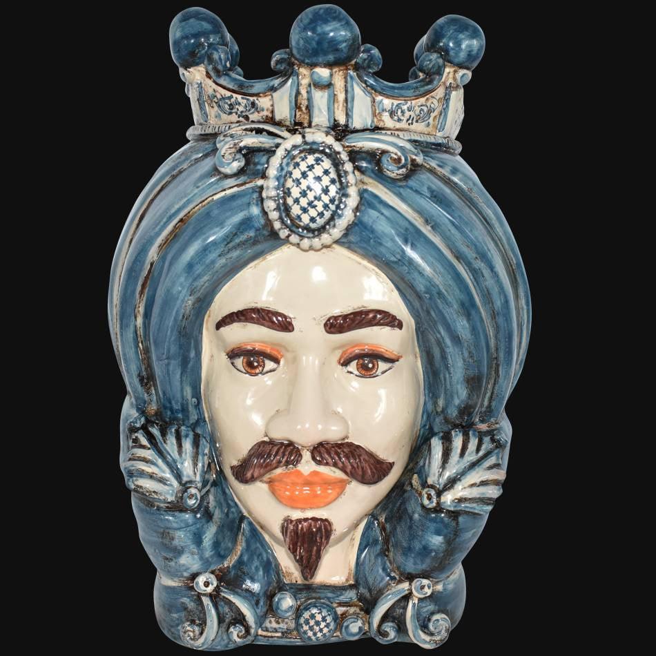 Testa di Moro con Turbante, Maschio Bianco, Mono Blu, turbante e corona. Ceramica siciliana di Caltagirone, Sofia