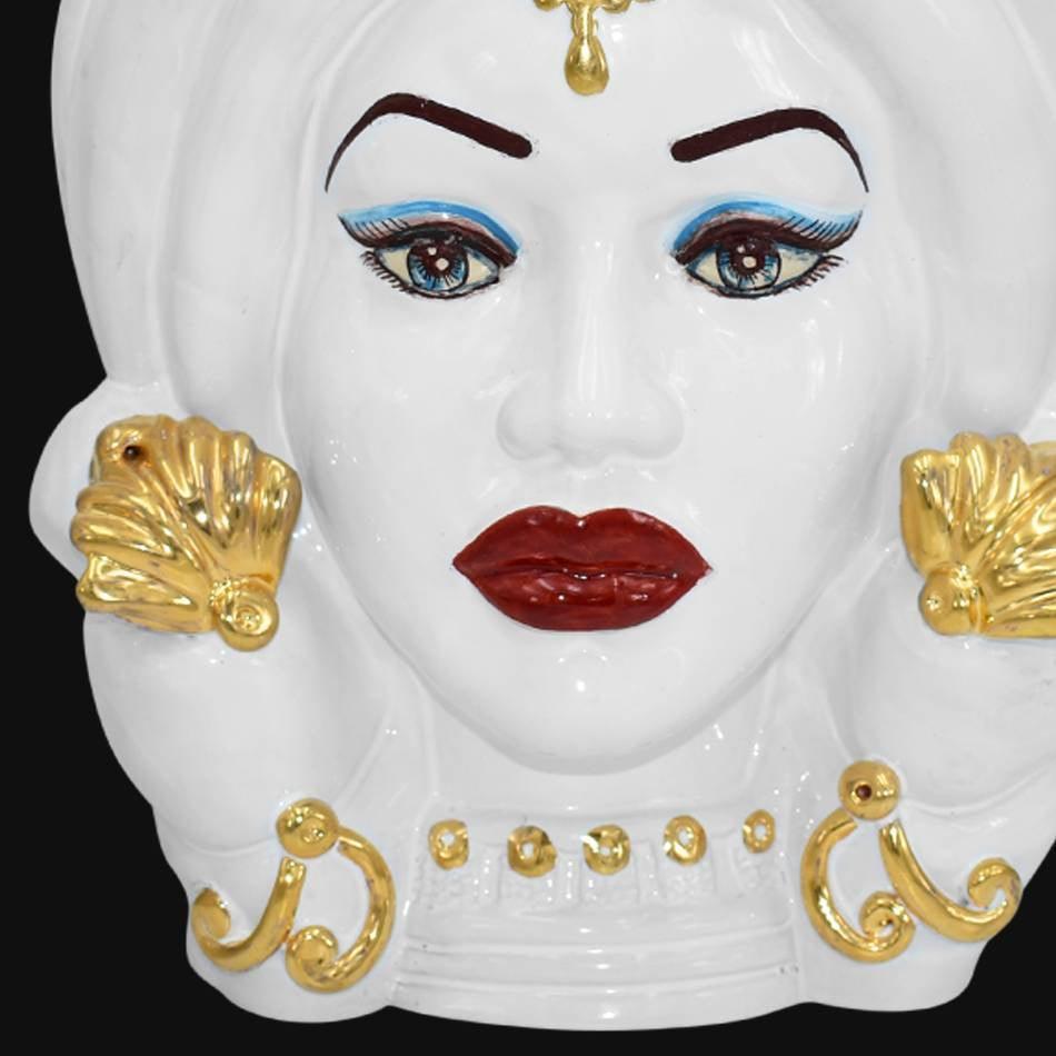 Testa di Moro con Turbante, Donna, White and Gold, dettagli dorati e occhi azzurri. Ceramica siciliana di Caltagirone, Sofia