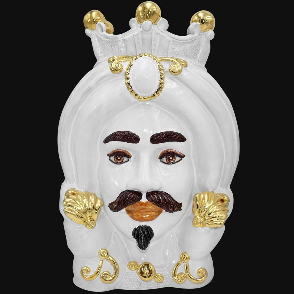 Testa di Moro con Turbante, Uomo, White and Gold, corona dorata e dettagli eleganti. Ceramiche Sofia, Caltagirone