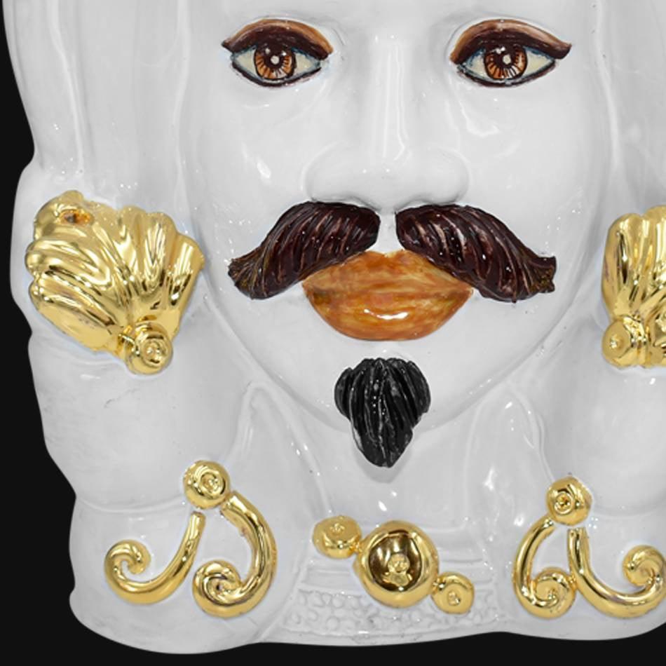 Testa di Moro con Turbante, Uomo, White and Gold, dettagli dorati e barba scura. Ceramiche Sofia, Caltagirone