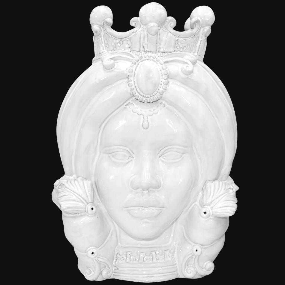 Testa di Moro con Turbante, Donna, White Line, corona e dettagli ornamentali. Ceramica siciliana di Caltagirone, Sofia
