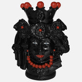 Testa di Moro con Turbante, Donna, con Perline Rosse, corona e perle. Ceramiche Sofia, Caltagirone