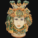 Testa di Moro con Turbante, Donna, Verde e Arancio, corona e fiori. Ceramica siciliana di Caltagirone, Sofia