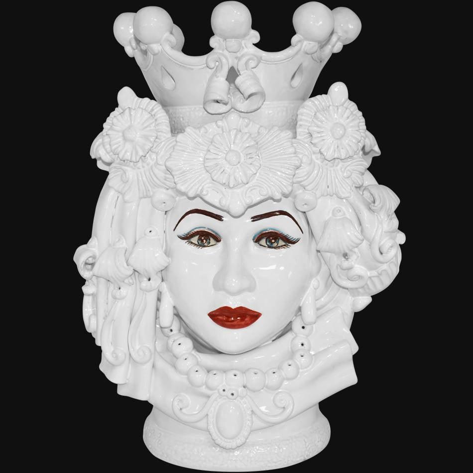 Testa di Moro con Turbante, Donna, White Line, corona e dettagli floreali. Ceramiche Sofia, Caltagirone